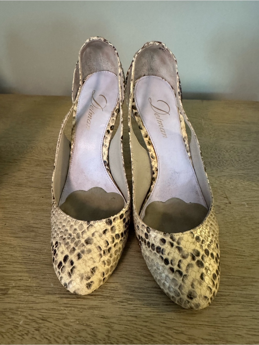 Delman Beige Snake-Print Slingback Heels